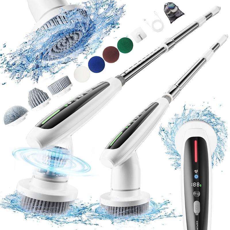 Electric Spin Scrubber with Adjustable Extension Handle & 8 Brush Heads - Smart LED Display