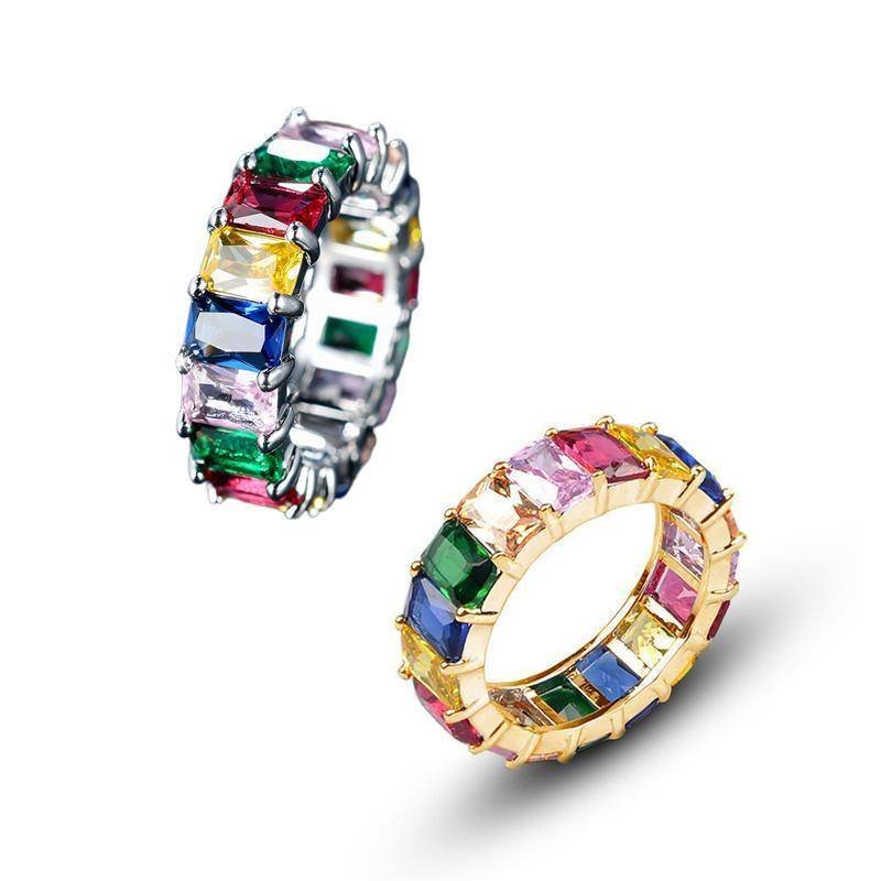 Rainbow Zircon Gemstone Ring Women's Stainless Steel Colourful Ring Size 6-10 - Gold-Multicolor-6