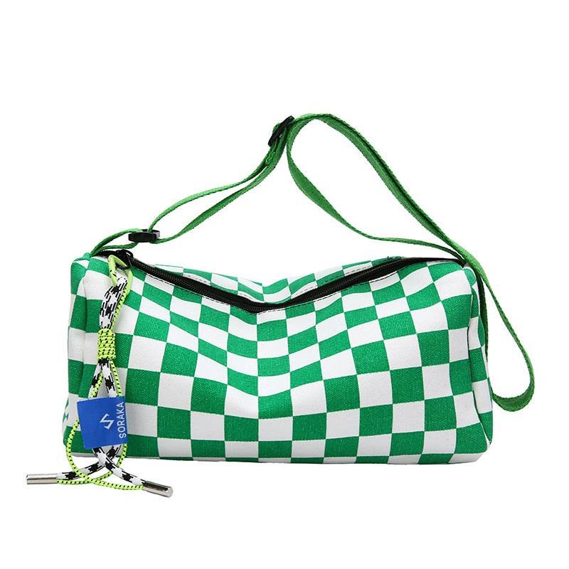 Green Trendy Checkerboard Boston Bag - Casual Crossbody Shoulder Purse with Wide Strap