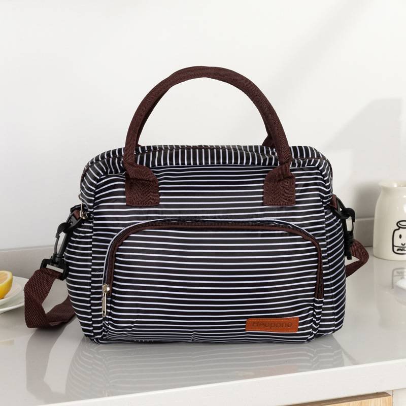 Large Insulated Lunch Bag with Shoulder Strap - Black and White Stripe Thermal Cooler Tote for Work, School or Beach Picnics - Waterproof 600D Oxford Fabric