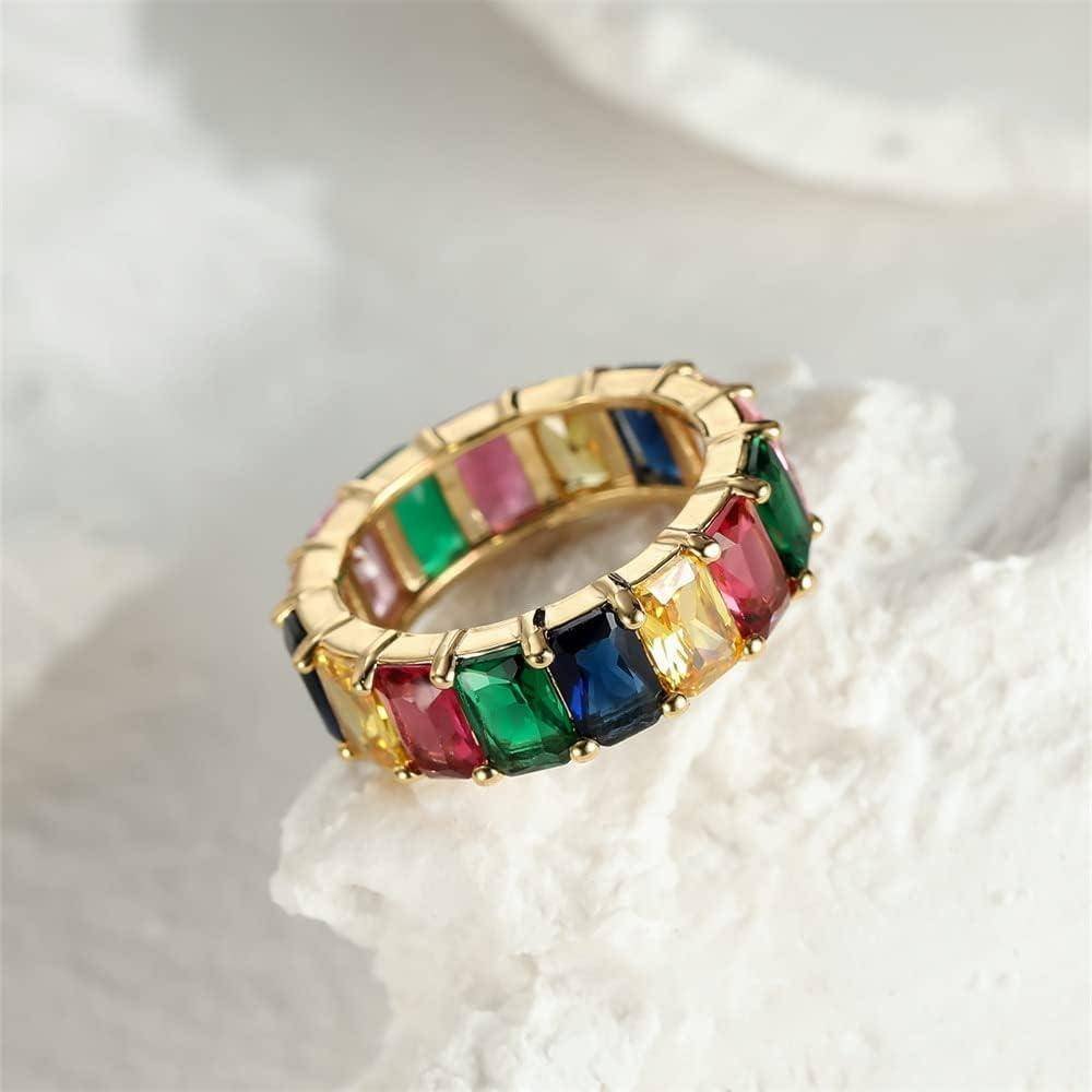 Rainbow Zircon Gemstone Ring Women's Stainless Steel Colourful Ring Size 6-10 - Silver-Multicolor-10