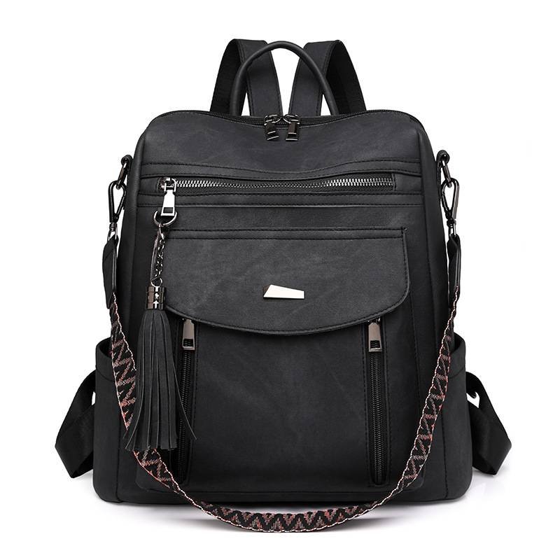 Black Chic Women's PU Leather Convertible Backpack - Anti-Theft Design, Multi-Pocket Shoulder Bag with Tassel