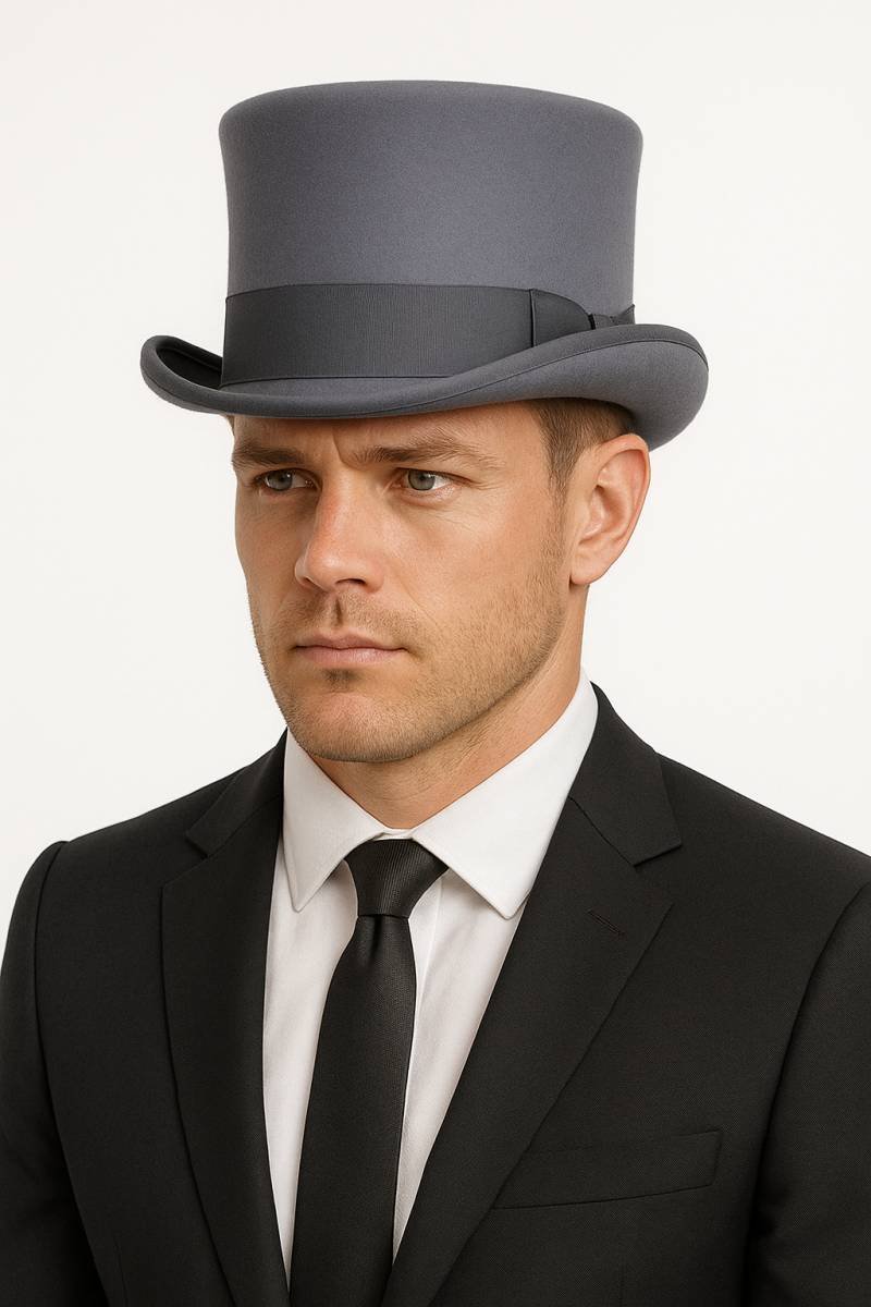 5.5"" Premium Australian Wool Felt Top Hat w/ Satin Lining Mad Hatter Magician Tuxedo in Grey - 57cm