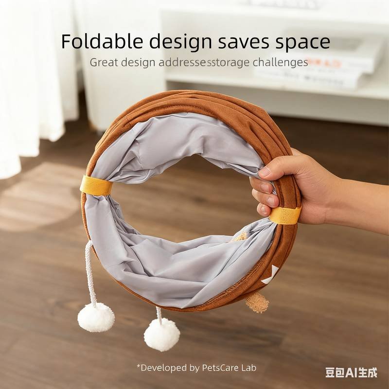 Brown bear Premium Soft Suede Cat Tunnel - Collapsible Play Tube with Peek-a-Boo Hole & Hanging Ball(1.2m)