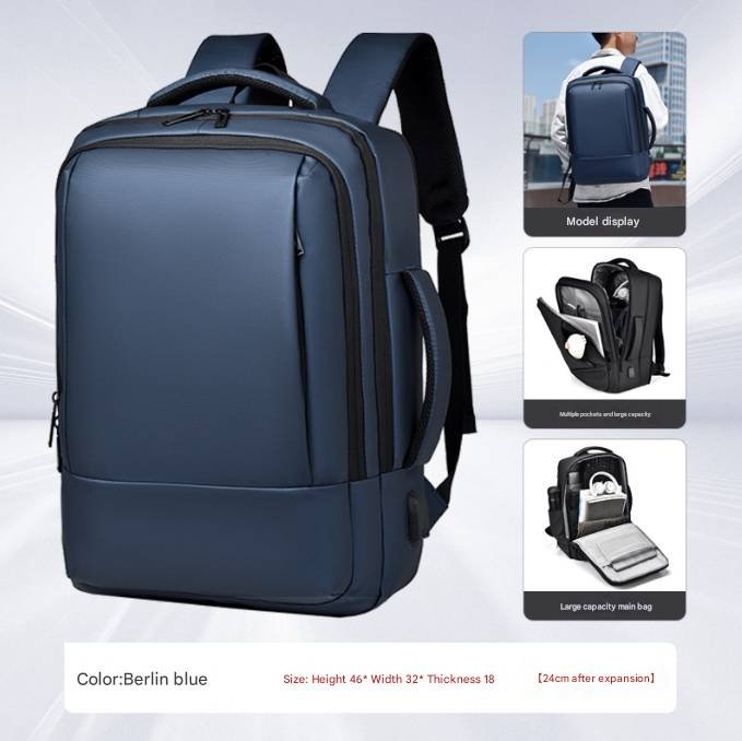 Blue Expandable Business Laptop Backpack with USB Charging Port - Large Capacity Work & Travel Bag for 15.6 Inch Laptops