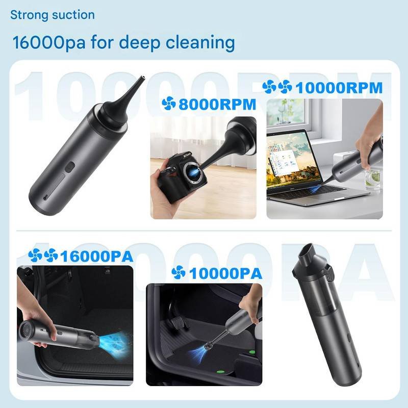 Portable Cordless Handheld Vacuum Cleaner - 16000Pa Suction, 3x2000mAh Battery, Multiple Attachments(black)