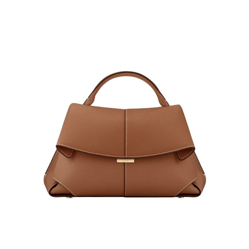 Brown Elegant Womens Genuine Cowhide Leather Top Handle Satchel - Chic Flap Crossbody Shoulder Bag