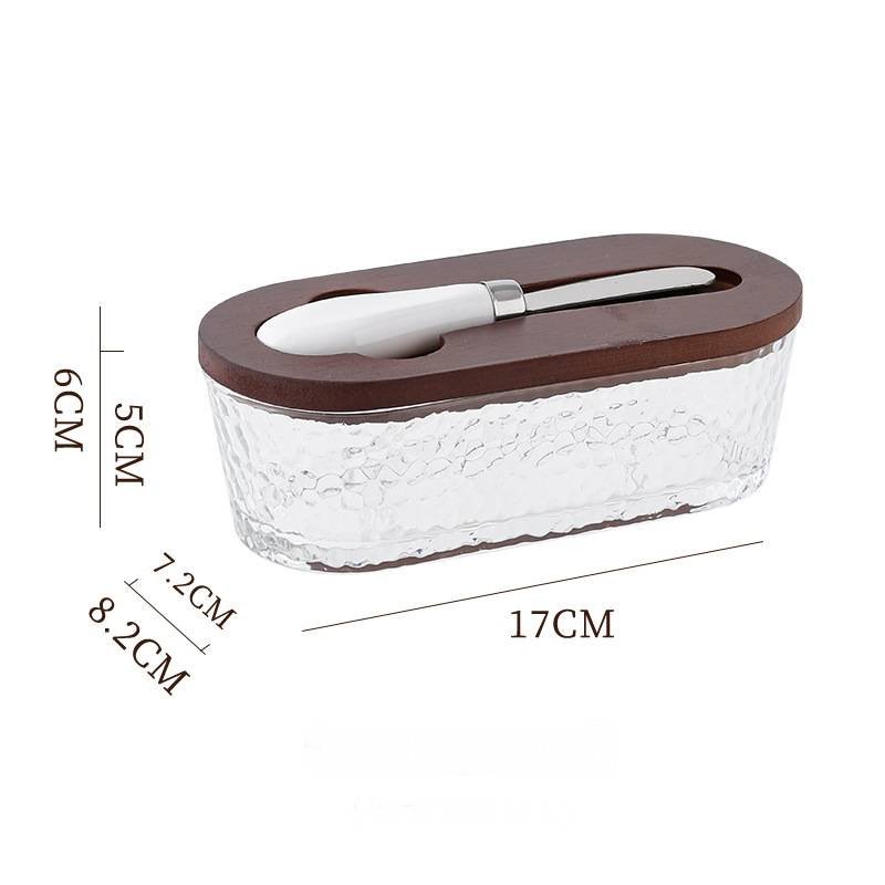 Brown - Hammer texture Elegant Glass Butter Dish with Wooden Lid & Matching Spreader - Sealed Butter Keeper for Freshness
