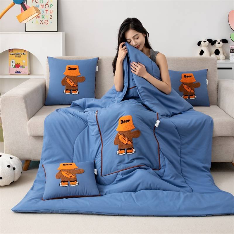 Lake Blue Fashion Bear 2-in-1 Foldable Car Pillow Blanket - Cozy 40x40cm Pillow, Unfolds to 100x150cm Blanket for Travel and Office Naps