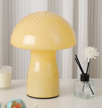 Stripe-Pure Yellow Retro Swirl Glass Mushroom Table Lamp - LED Bedside Night Light 