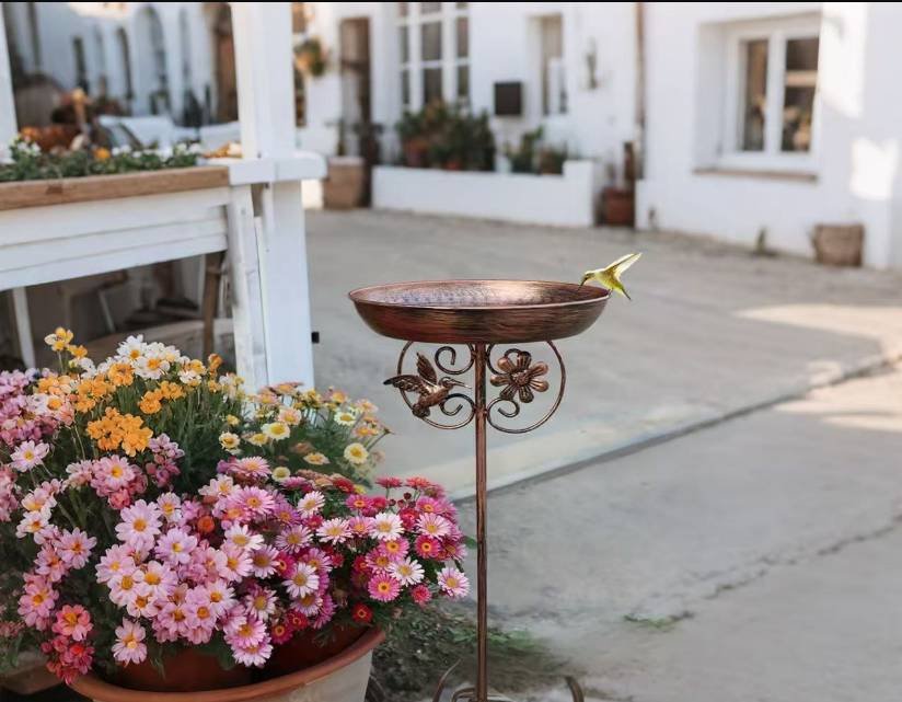 Antique Bronze Color Metal Bird Bath Stake Garden Feeder 79cm Copper Finish with Hummingbird Decor 5-Prong Base for Outdoor Lawns and Backyards
