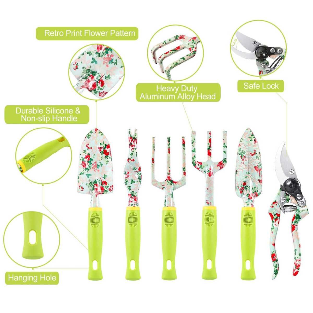Green 9-Piece Floral Garden Tool Set for Women – Complete Gardening Kit with Tote Bag, Pruners, and Gloves