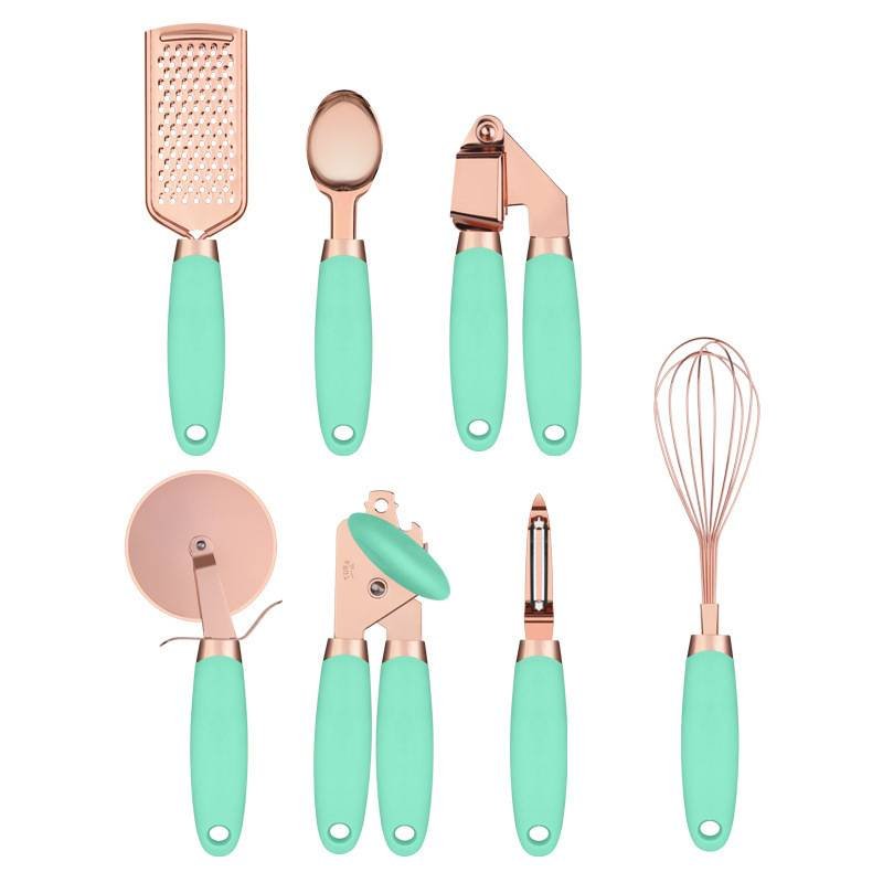 Green And Rose Gold 7-Piece Kitchen Gadget Set - Stainless Steel Utensils with Comfort Grip Handles