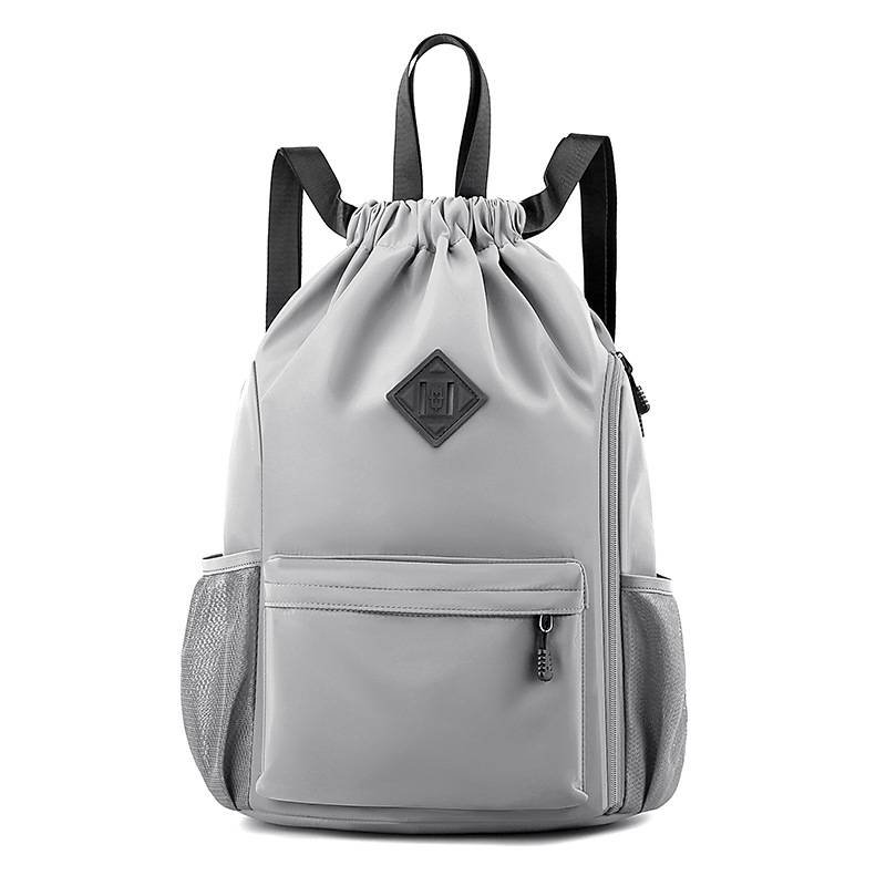 Large Drawstring Backpack Waterproof Gym Bag Lightweight Sports Sackpack with Zipper Pockets for Travel and Swimming Gray