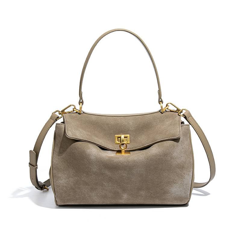 Beige Women's Vintage Suede Satchel Bag - Elegant Top Handle Purse with Gold Lock