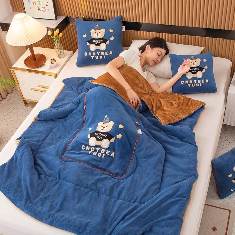 Navy Blue Padded Thickened Hat Bear 2-in-1 Foldable Car Pillow Blanket - Cozy 40x40cm Pillow, Unfolds to 100x150cm Blanket for Travel and Office Naps