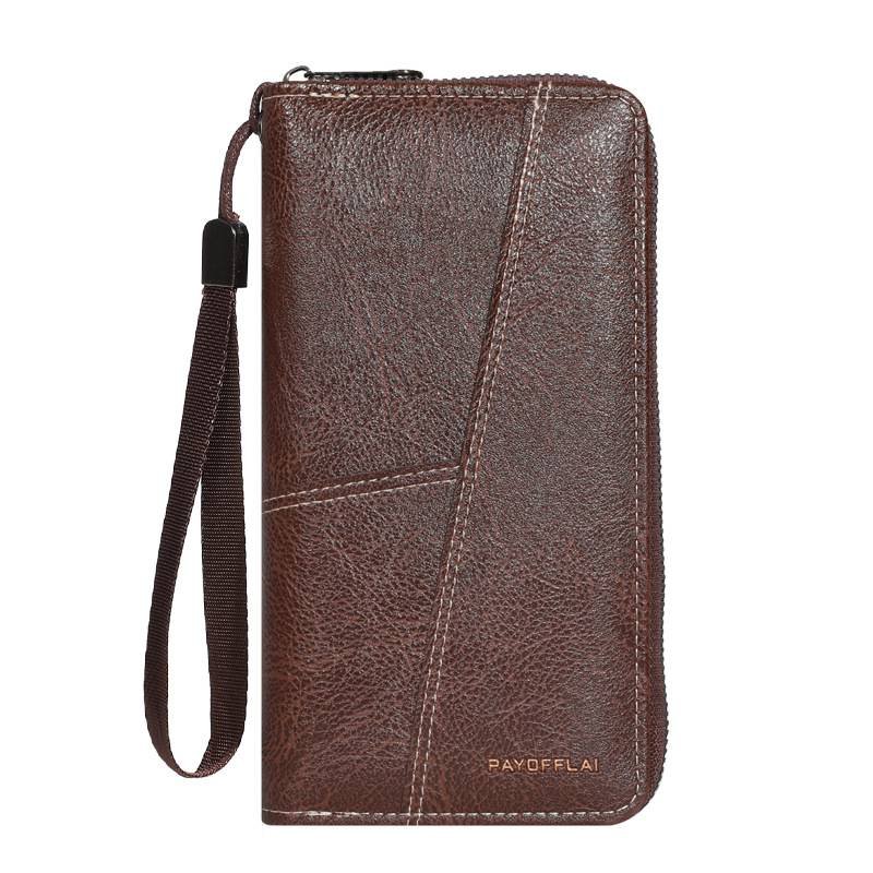 Coffee Men's Long Zipper Wallet Clutch - PU Leather Wristlet with Phone and Card Slots
