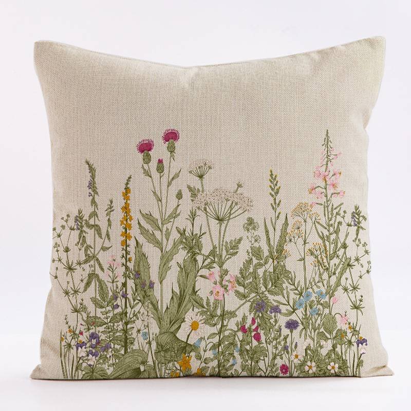 Style 1 Wildflower Linen Pillow Cover - Botanical Print Cushion Case (One pair：45x45cm)
