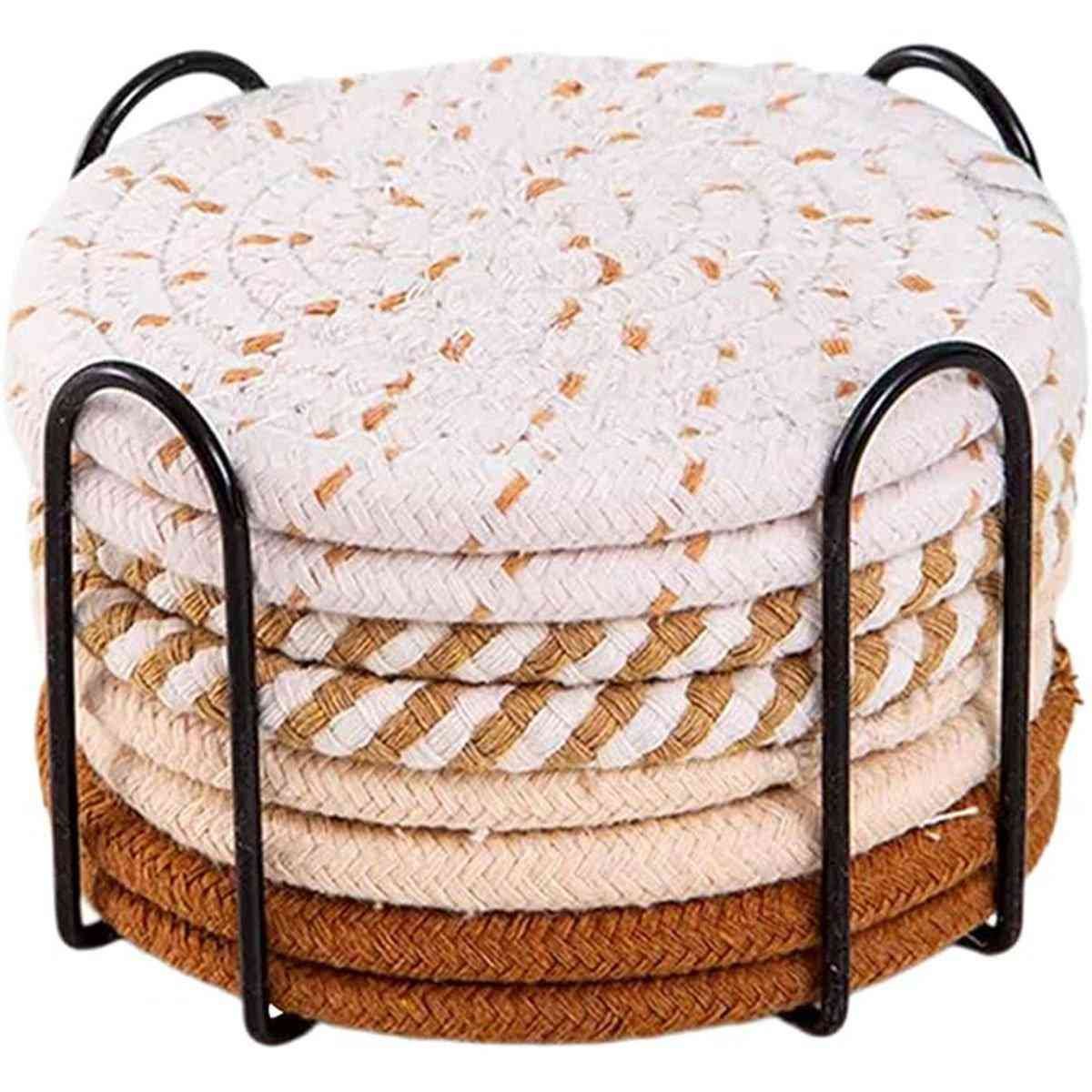 8PCS Round Cotton Woven Coaster Heat Resistant Thick Insulation Dining Table Mat - Brown