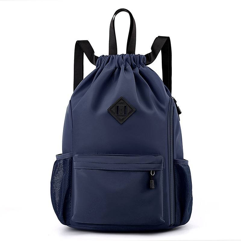 Large Drawstring Backpack Waterproof Gym Bag Lightweight Sports Sackpack with Zipper Pockets for Travel and Swimming navy blue