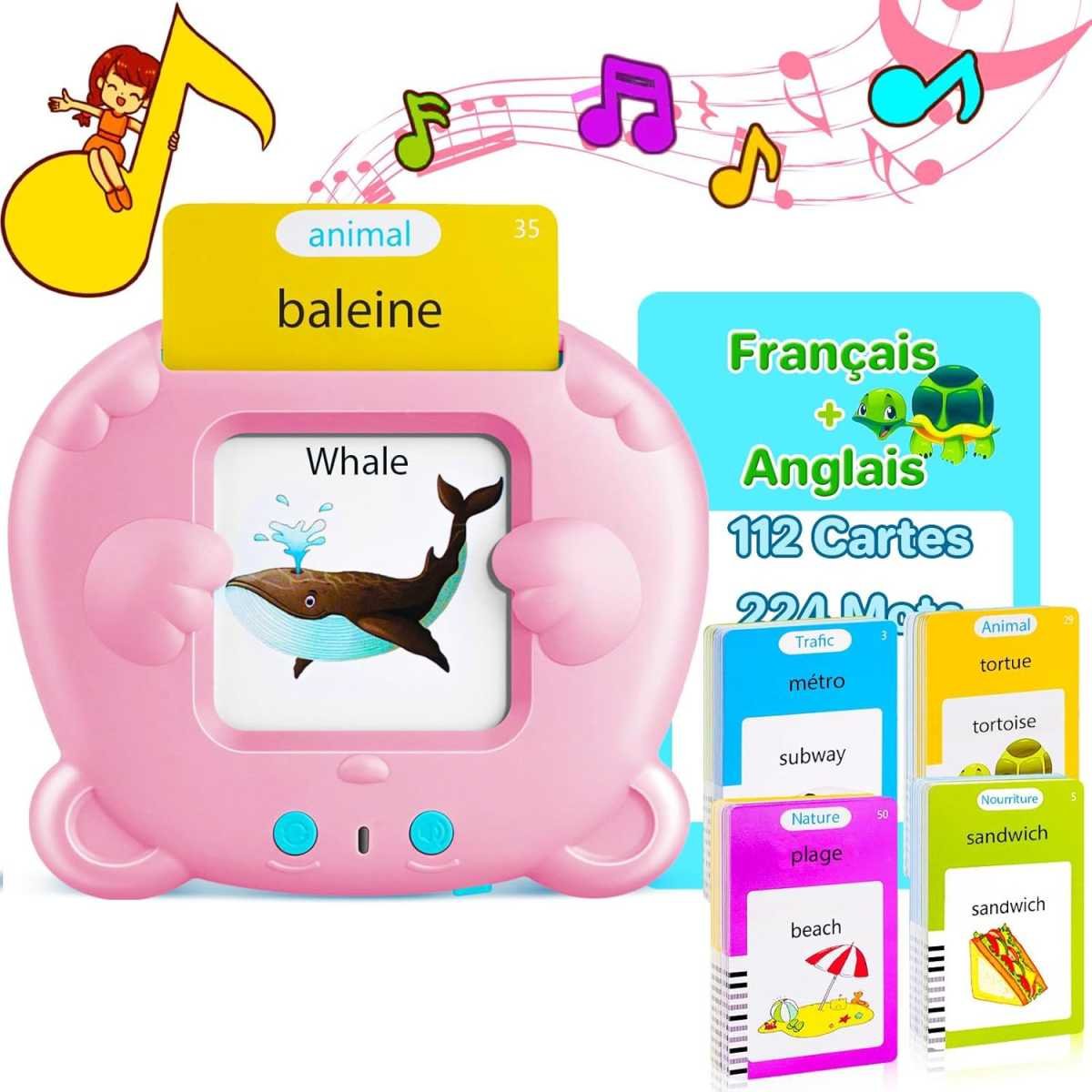 Pink Panda [Plain English] [112 Cards 224 Contents] Bilingual Early Learning Flash Card Reader - Interactive Audio Toy for Toddlers