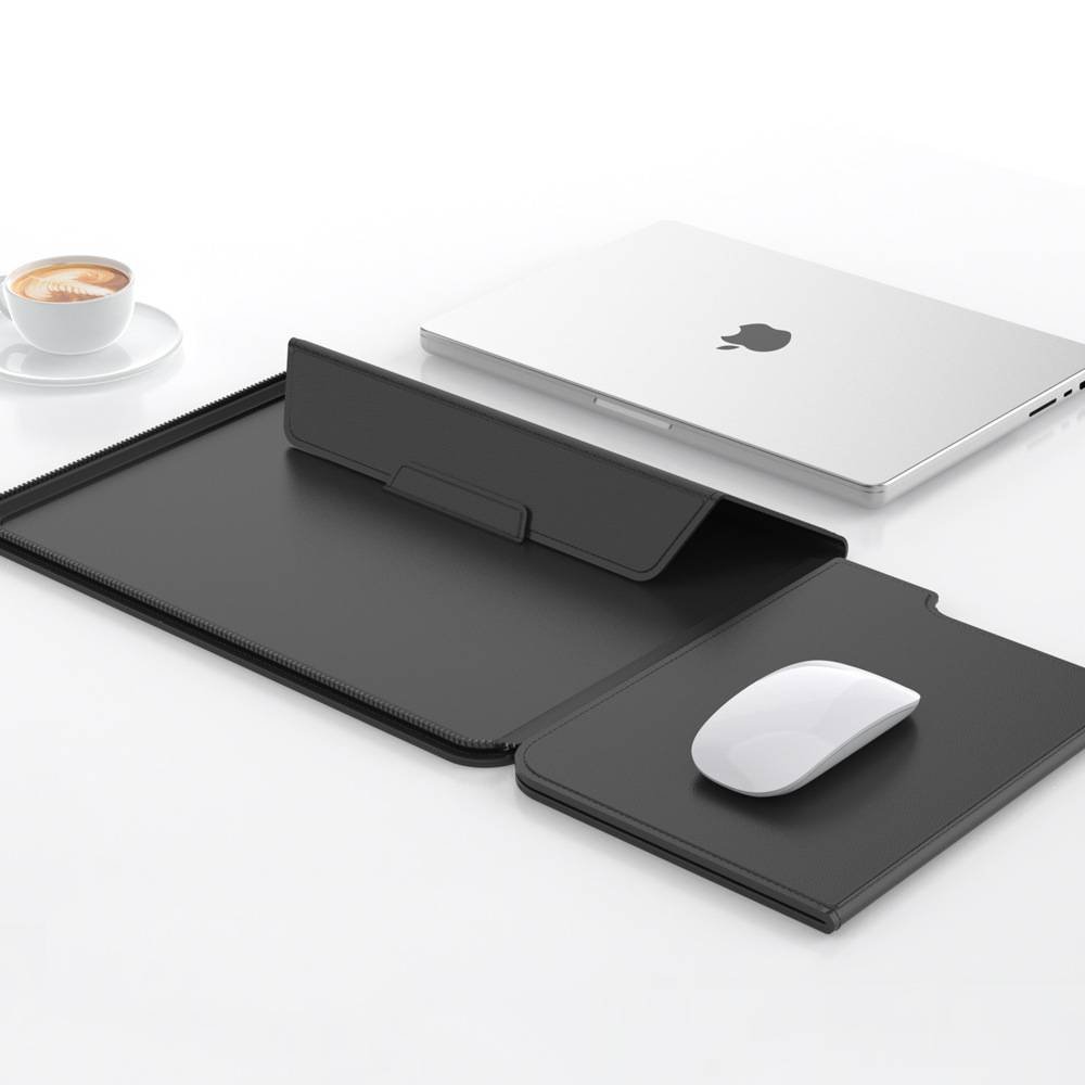 3-in-1 Detachable PU Leather Laptop Sleeve with Ergonomic Stand & Mouse Pad(black  13/14 inch)