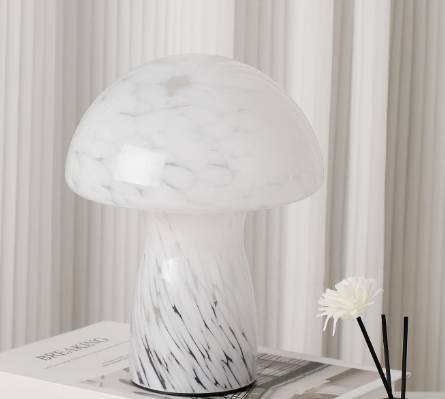 Speckled White Retro Swirl Glass Mushroom Table Lamp - LED Bedside Night Light 