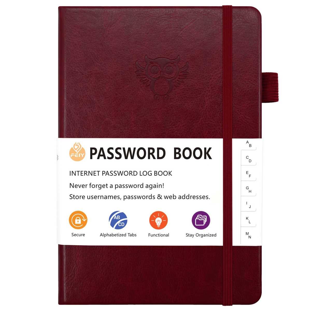 Burgundy Password Log Book with Alphabetical Tabs Internet Address Organizer Small PU Leather Notebook with Owl Design Pen Holder and Inner Pocket Ideal for Home and Office