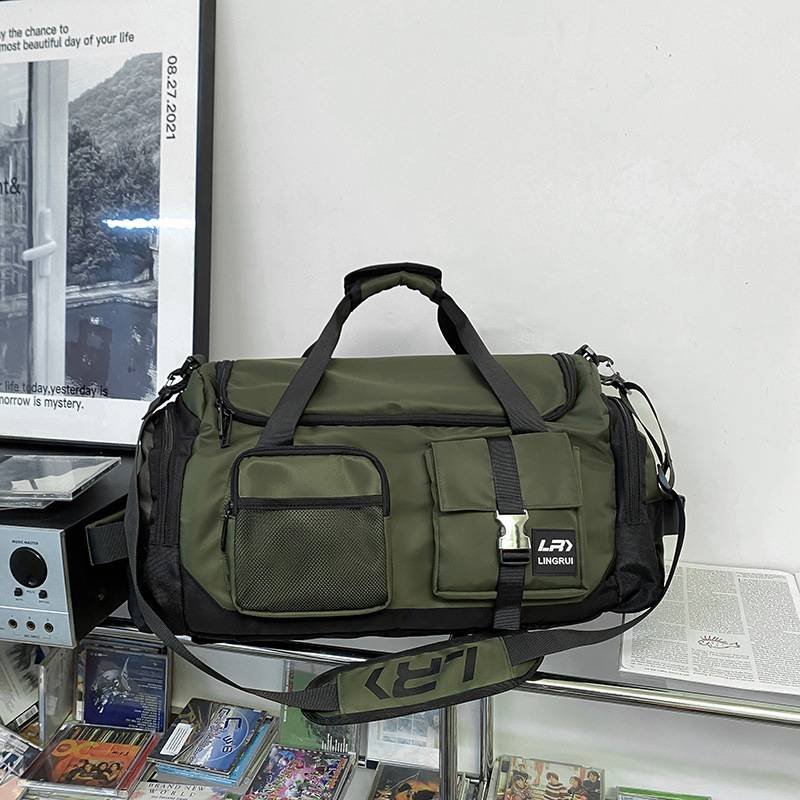 Green Unisex Travel Bag with Utility Buckles and Wet/Dry Compartments