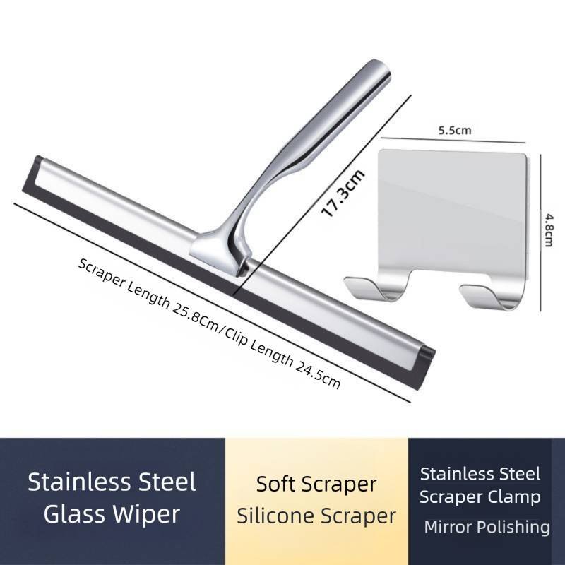 Silver Premium Stainless Steel Shower Squeegee with Adhesive Hook Holder - Streak-Free Blade for Glass Doors, Windows & Mirrors