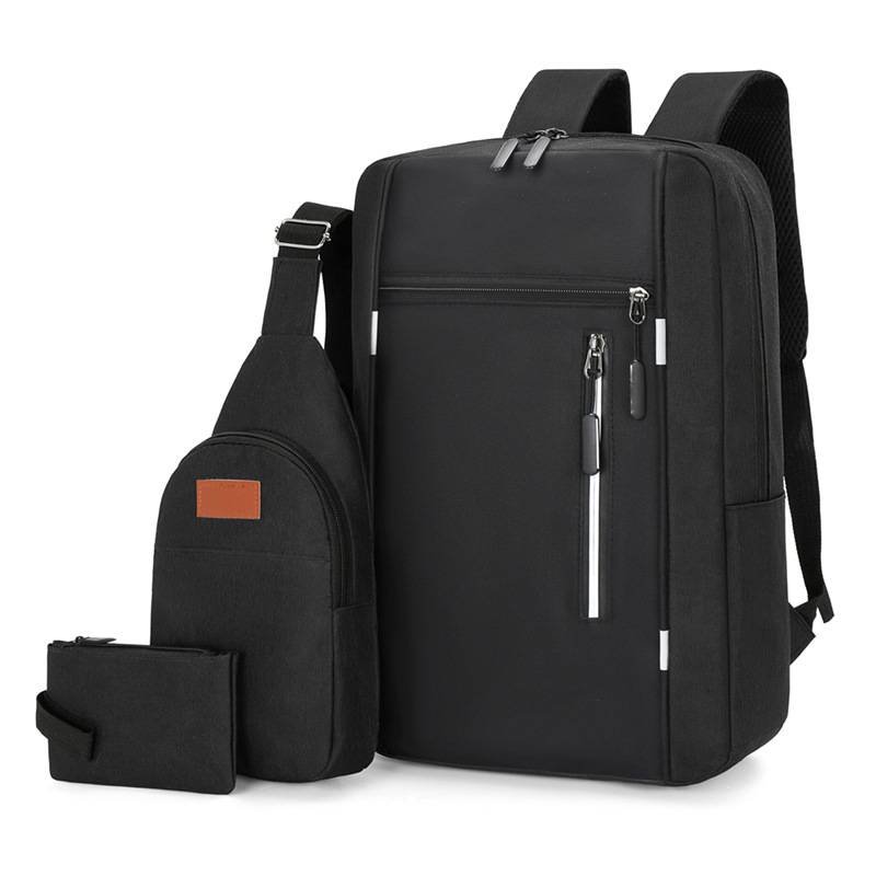 Black 3 Piece Mens Backpack Set with Sling Bag and Pouch USB Charging Port Large Capacity Laptop Daypack Water Resistant Business Travel School Bag
