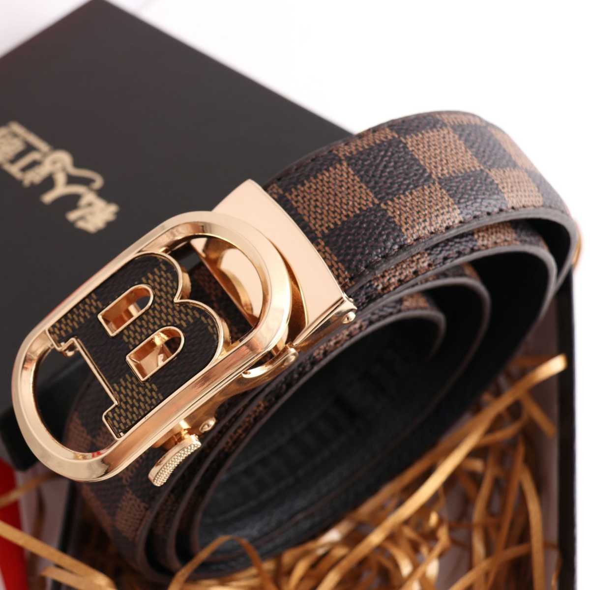 Luxury Designer Style PU Leather Belt,Automatic Buckle(B-patterned black-gray belt + silver buckle