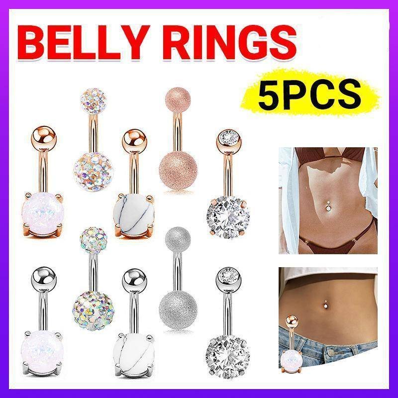 5Pcs Belly Bar Piercing Ring Crystal Zircon Surgical Steel Silver Jewellery - Rose Gold