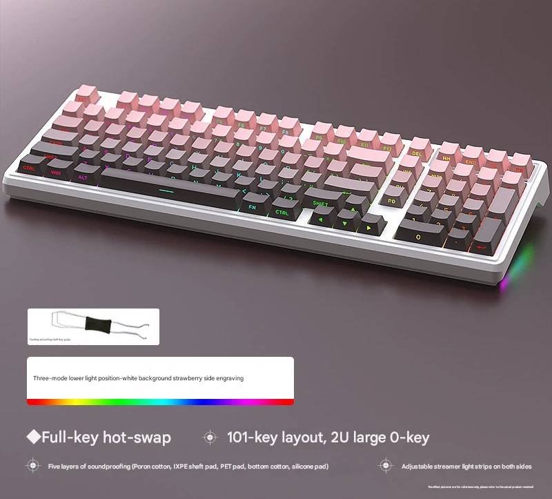 Tri-Mode RGB Mechanical Gaming Keyboard - 102-Key, Hot-Swappable, 4000mAh Battery, 5-Layer Sound Dampening(Strawberry on white)