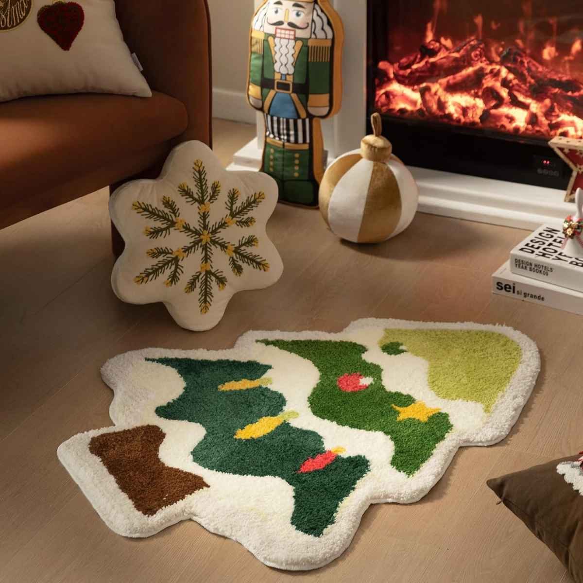 Green Christmas tree style Festive Christmas Shaped Floor Mat - Plush Non-Slip Holiday Accent Rug(Style 3)