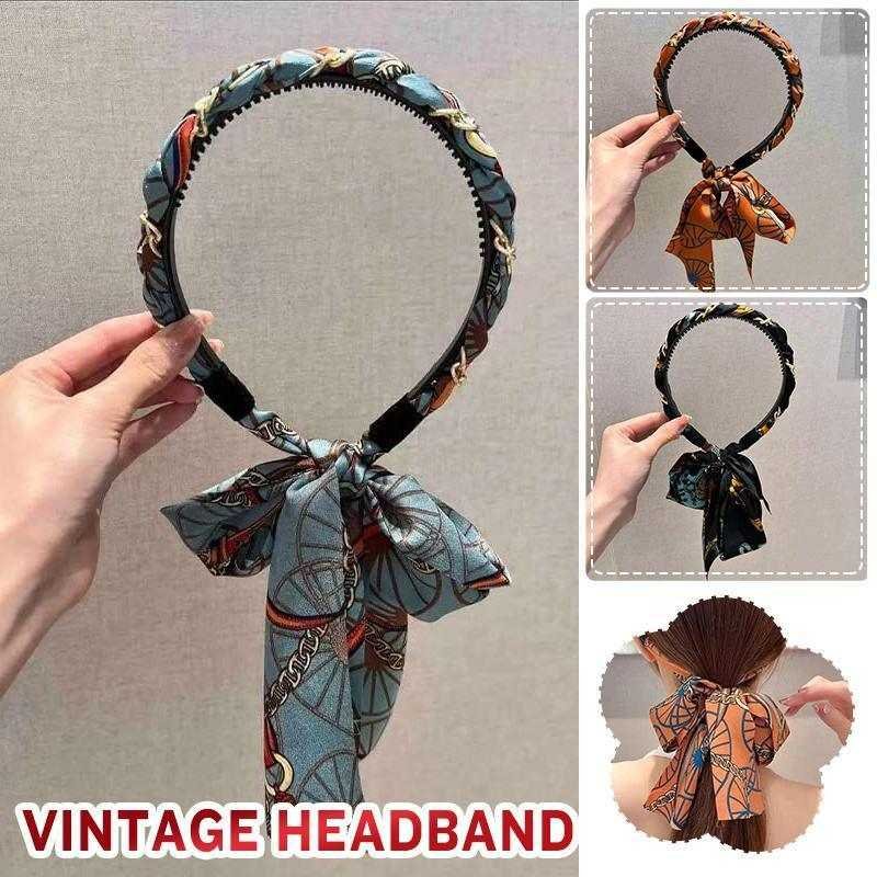 Chains patterned satin headband with Long Scarf Headband Scarf Hair Accessories - Blue