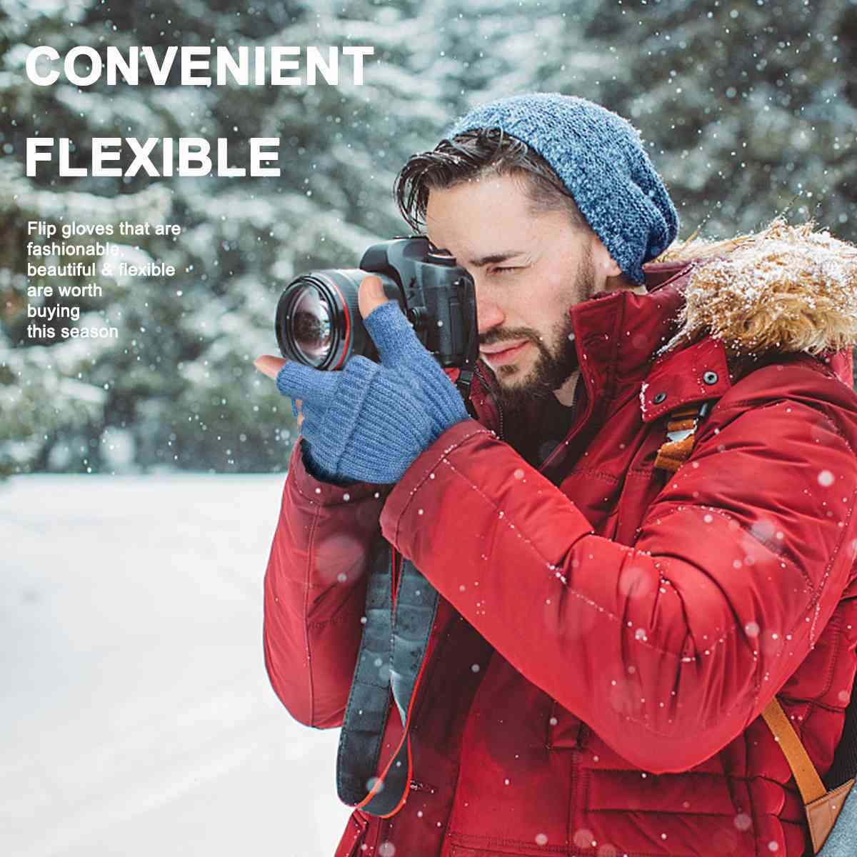 Navy Blue Winter Convertible Mittens - Warm Knitted 2-in-1 Fingerless Gloves with Flip Top Cover for Cold Weather