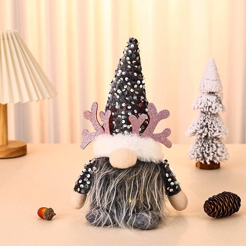 Light-Up Christmas Gnome Plush Doll with Sequin Hat & Antlers - Festive LED Tabletop Decoration(silver)