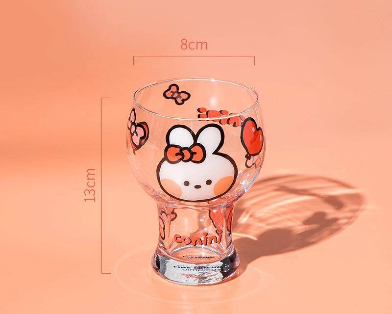 Mini Cartoon Glass Tumbler 400ml,Cute Beer and Juice Cup for Cold Drinks(White rabbit)