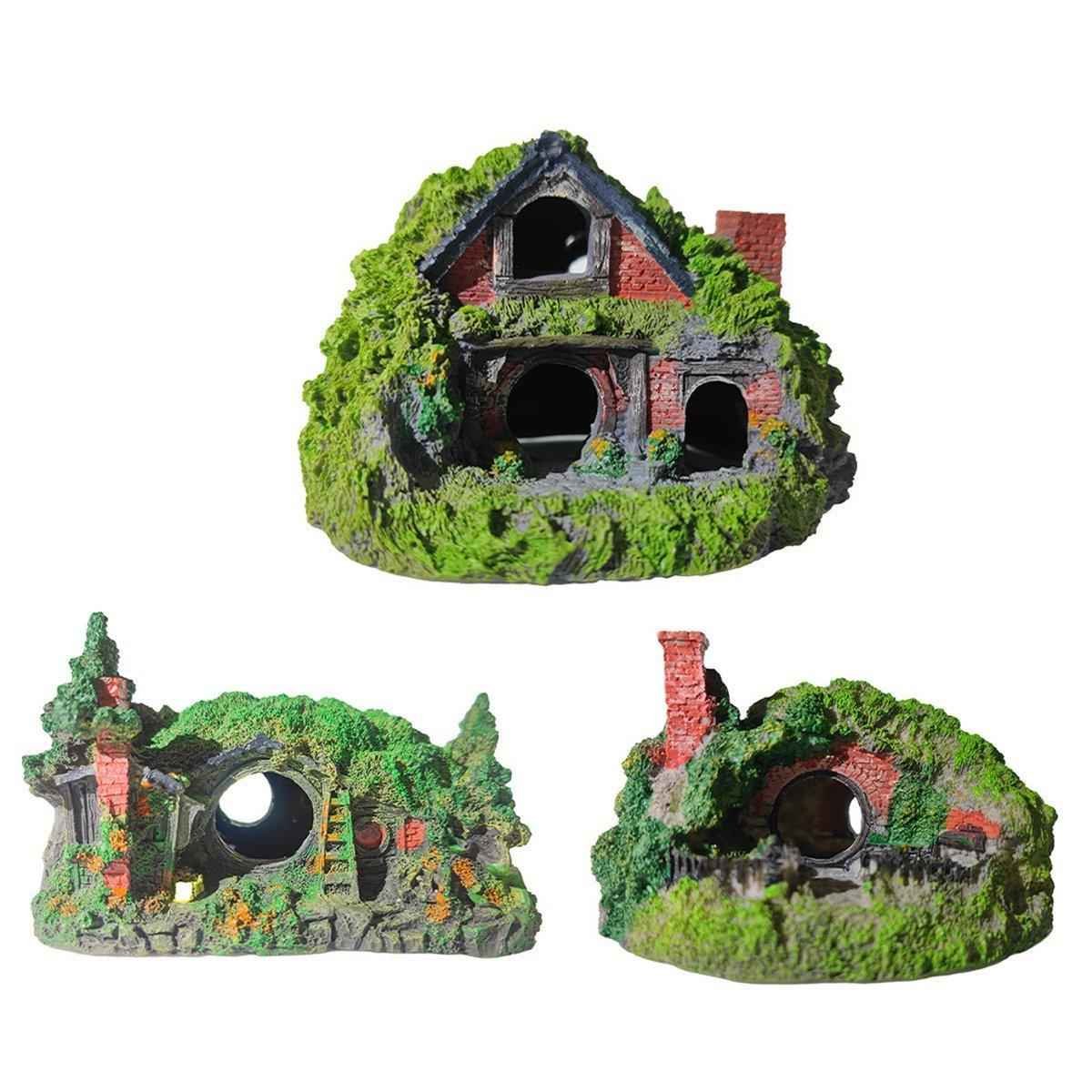 Resin Grass House Aquarium Ornament Natural Fish Tank Decoration Hideaway - B