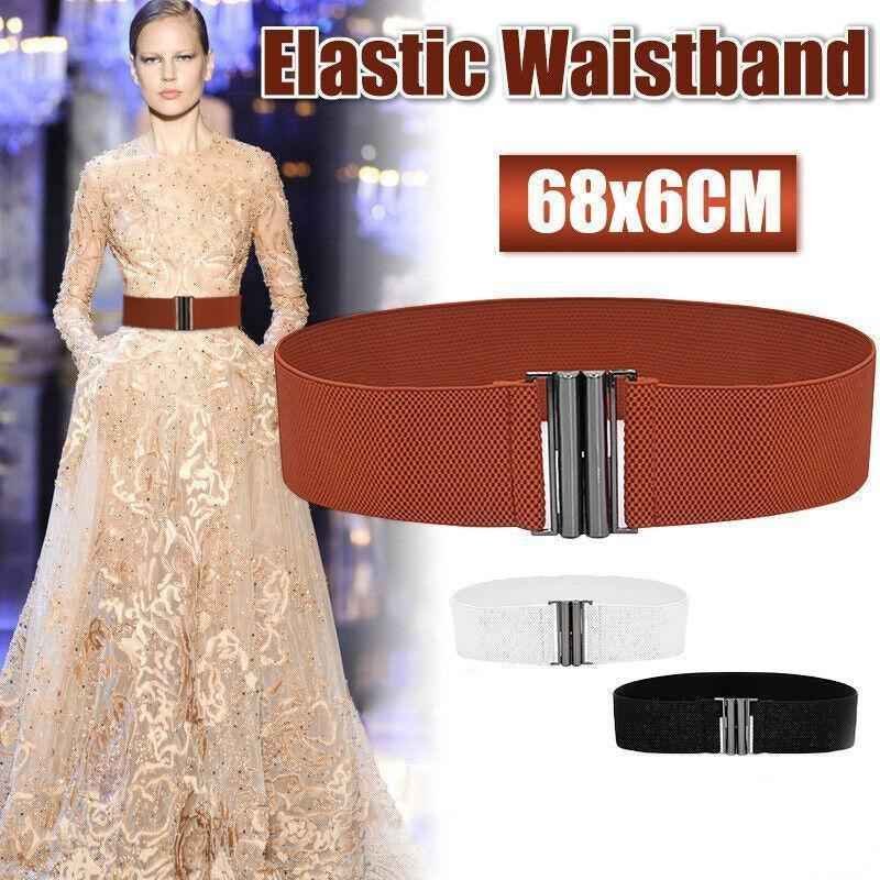 Women Elastic Waist Belt Stretch Cinch Wide Band with Metal Buckle for Dress 3Colours - Brown