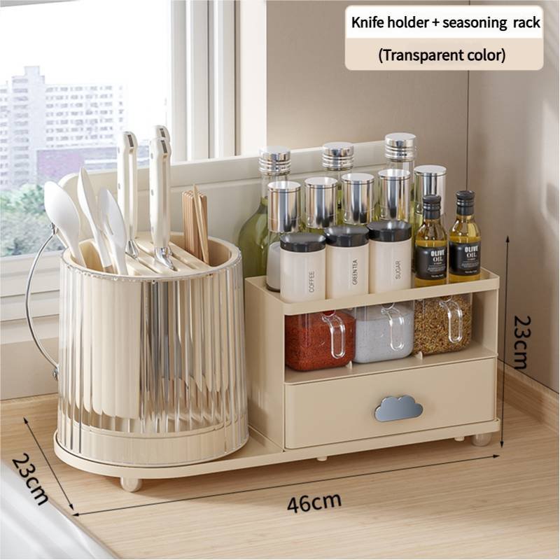 All-in-One Kitchen Countertop Organizer | Rotating Utensil Holder, Knife Block & Spice Rack with Drawer | Transparent color