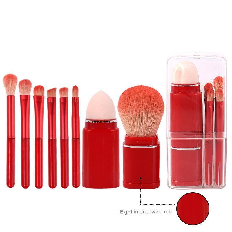 Wine Red Compact 8-in-1 Makeup Brush Set - Portable Travel Kit with Retractable Brushes and Case
