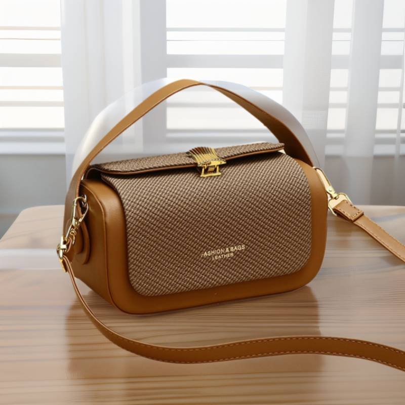 Brown Elegant Top Handle Crossbody Bag - Structured PU Leather Box Purse for Women