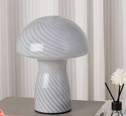 Stripe-Pure Grey-white Retro Swirl Glass Mushroom Table Lamp - LED Bedside Night Light 
