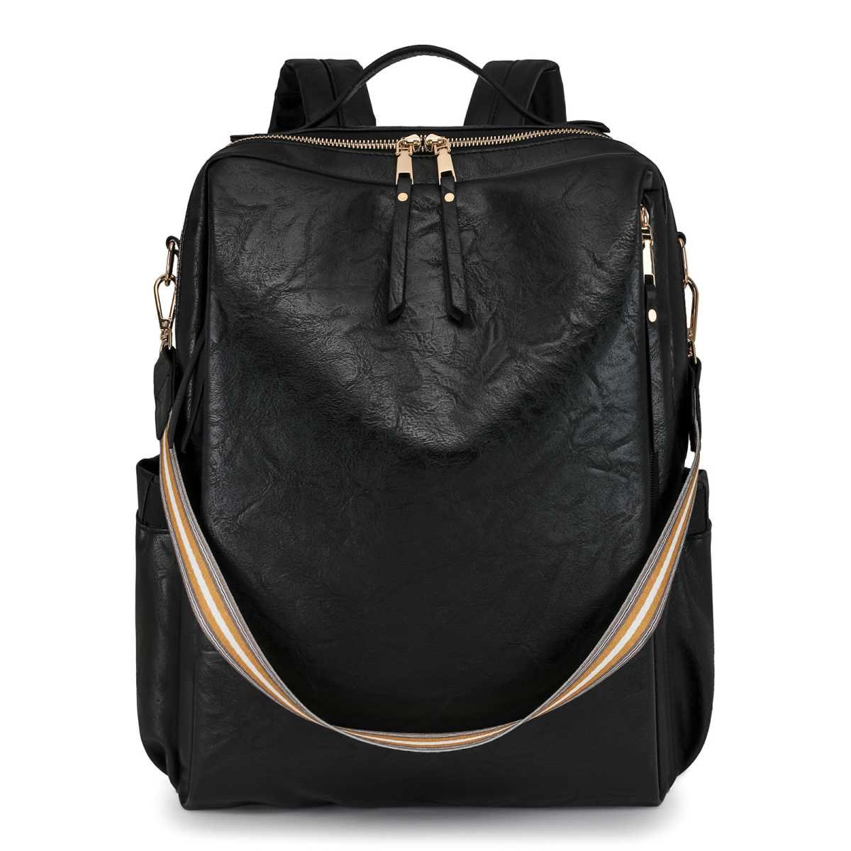 Black Women's Vintage PU Leather Anti-Theft Backpack - Convertible Shoulder Bag & Laptop Rucksack for Travel & Daily Use