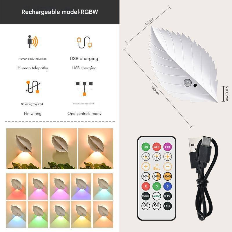 White RGB Color-Changing Leaf LED Night Light - Wireless Motion Sensor Wall Lamp with Remote Control for Ambiance Lighting