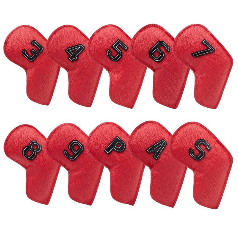Red Golf Iron Head Covers Set of 10 - Waterproof PU Leather Club Protectors with Embroidered Numbers (3-9, P, A, S)