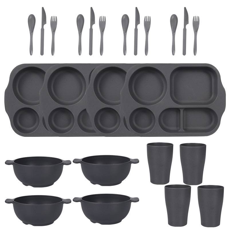 Dark Grey Durable Eco-Friendly Wheat Straw Dinnerware Set - 24 Pieces with Plates, Bowls, Cups & Cutlery
