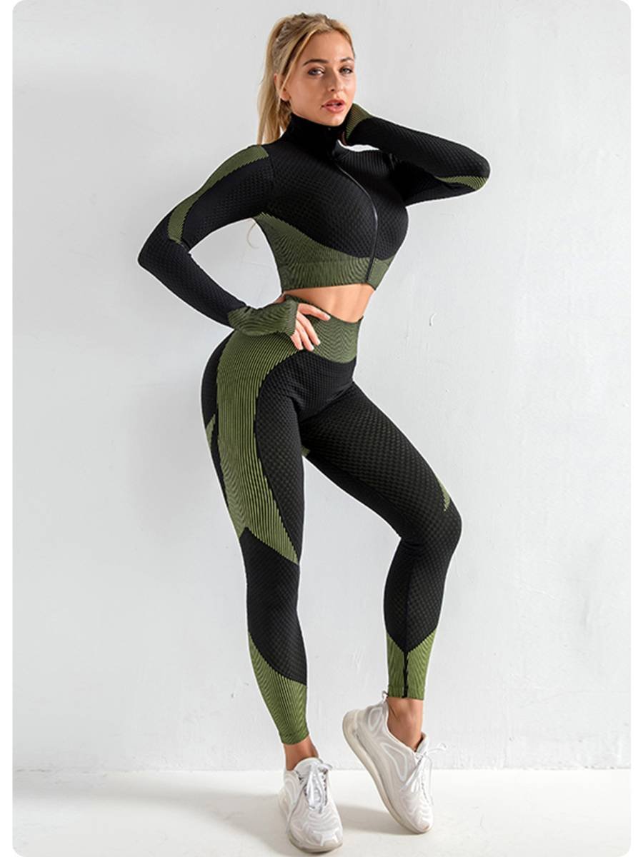 Army Green High Waist Yoga Set for Women - Sports Bra, Long Sleeve Shirt & Leggings 3-Piece Workout Set Size XXXL